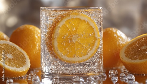 A glass of sparkling water with a lemon slice, surrounded by whole lemons. Use this image to illustrate freshness, health, or a refreshing beverage.