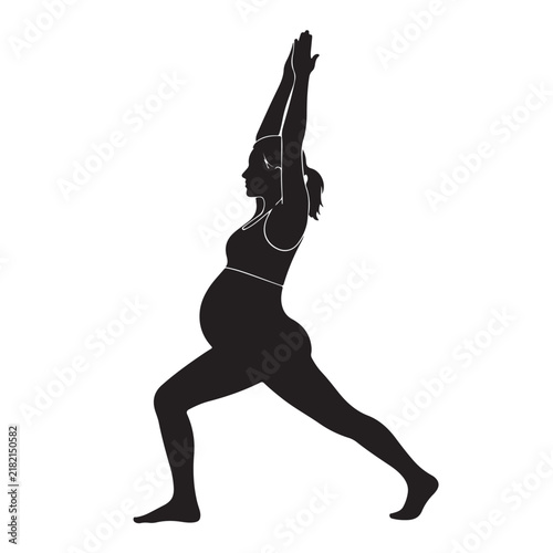 Black Silhouette of Pregnant Woman Practicing Yoga Warrior Pose in Deep Lunge with Arms Raised, Strong Prenatal Fitness Concept Vector Illustration for Pregnancy, Yoga, and Strength Themed Designs