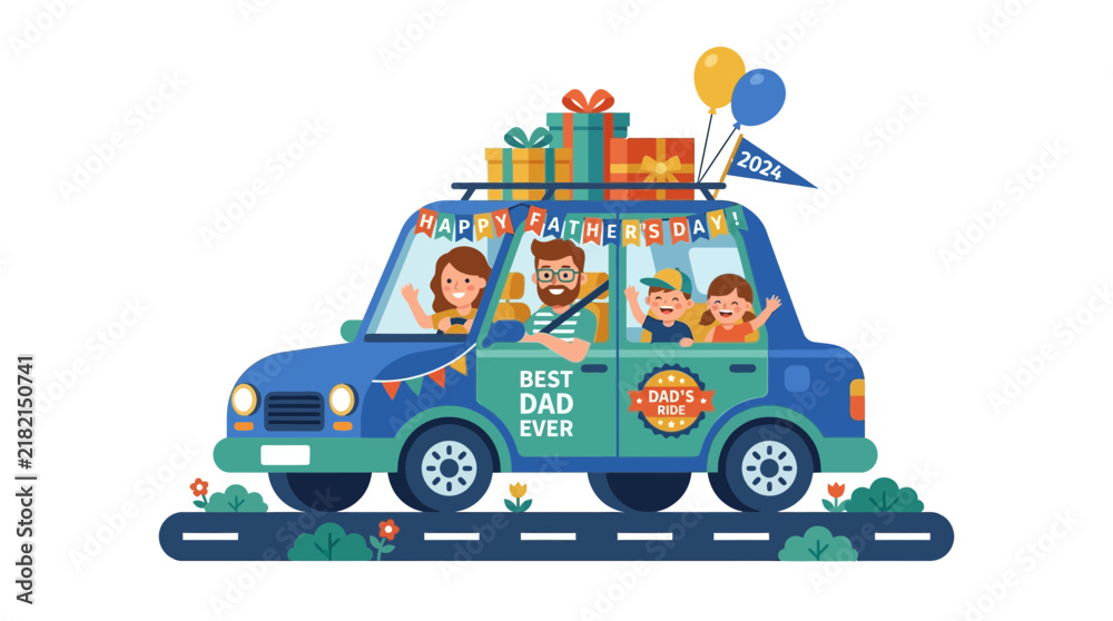 Fototapeta premium Happy Father's Day Family Road Trip Celebration with Gifts and Balloons