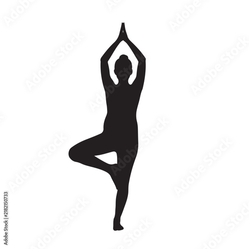 Black Silhouette of Pregnant Woman Practicing Yoga in Tree Pose with Hands Raised Overhead, Balanced Prenatal Fitness Concept Vector Illustration for Pregnancy, Yoga, and Wellness Themed Designs