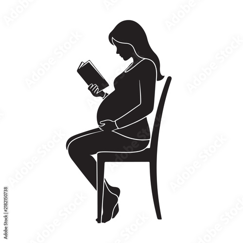 Black Silhouette of Pregnant Woman Sitting on Chair Reading a Book Attentively, Quiet Maternity Concept Vector Illustration for Pregnancy, Learning, and Motherhood Themed Designs