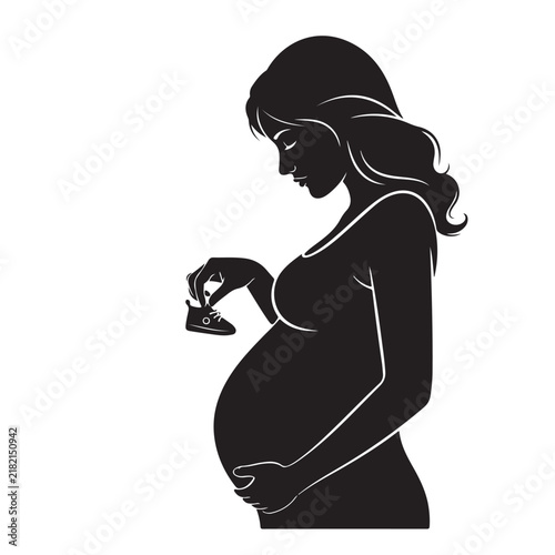 Black Silhouette of Pregnant Woman Standing in Side Profile Holding Tiny Baby Shoes with Tenderness, Sweet Maternity Concept Vector Illustration for Pregnancy, Nursery, and Motherhood Design
