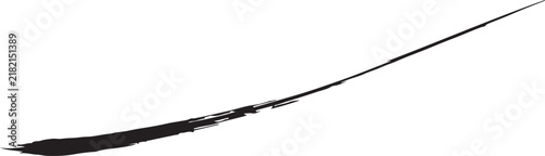 A single black ink brush stroke with a rough texture isolated on a white background