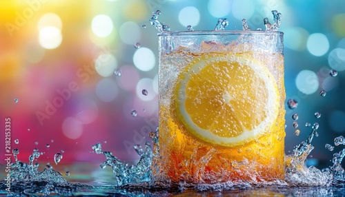 Glass of orange drink, with a slice, splashes on a colorful bokeh background. For ads or illustrating refreshing beverages, or summer themes.