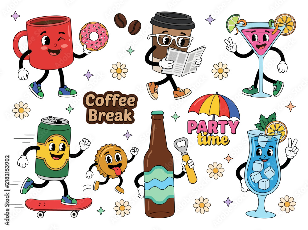 Fototapeta premium Retro Cartoon Beverage Mascots, Vintage Rubber Hose Style Drink Characters for Coffee Break and Party Time Illustrations