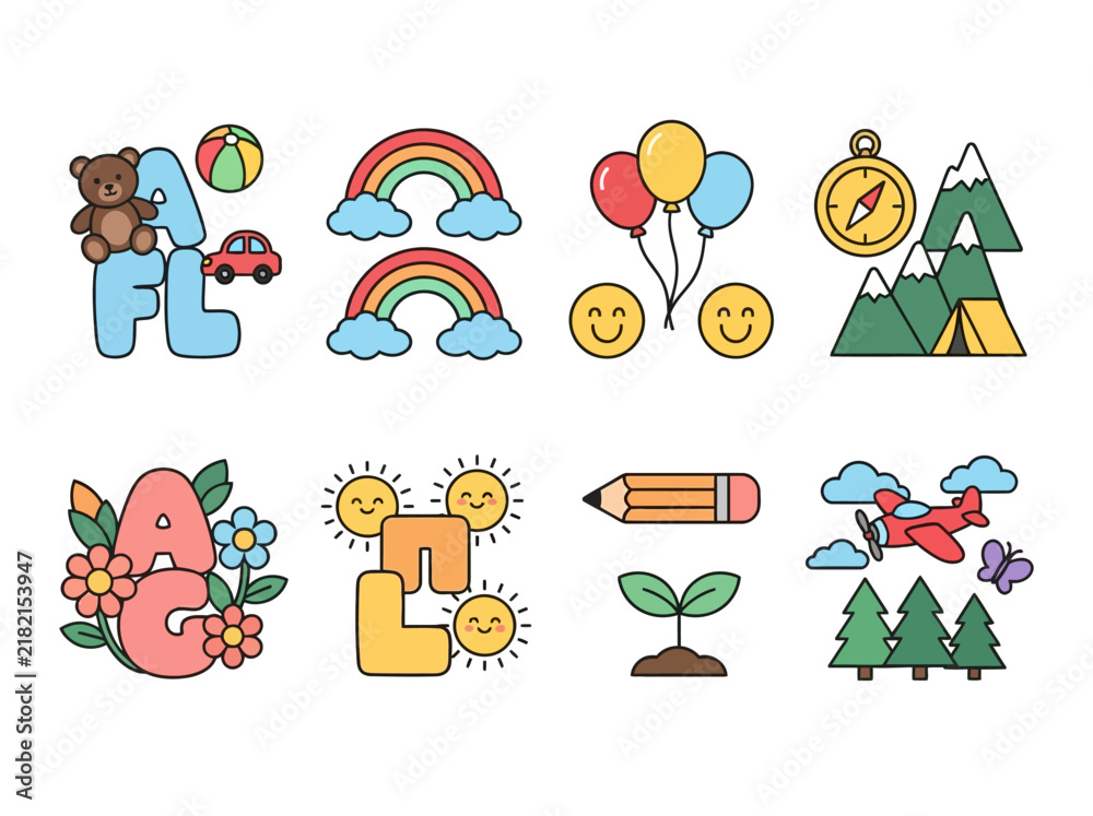 Fototapeta premium Kids Educational Icon Set with Toys, Letters, and Nature Elements