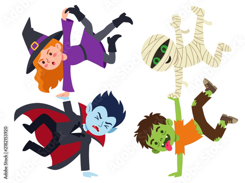 Cartoon Halloween Monsters Breakdancing Vector Illustration Set