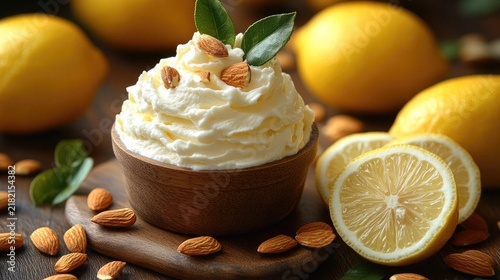 A lemon dessert with almonds is in a wood bowl on wooden board. Use for recipes, cooking, food blogging, or showing delicious desserts.