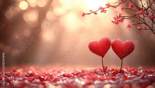Two red hearts on sticks, amidst red petals and a flowering tree. Perfect for Valentine's Day, love letters, or wedding card designs.