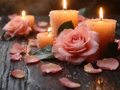 Elegant pink roses and candles create soft light on a dark, wooden surface. Ideal for themes of love, romance, spa, wellness, and special occasions.