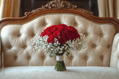 A vibrant bouquet of red roses and baby's breath sits on a tufted settee. Use this image for romance, weddings, anniversaries, or Valentine's Day.