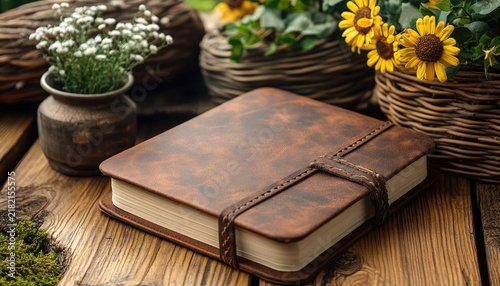 Rustic brown leather journal with flowers on a wooden table. Itâ€™s great for blogs about journaling, writing, or personal growth.