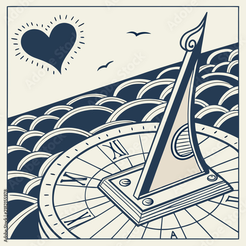 Ancient sundial with heart shape and seagull silhouette on rippling water