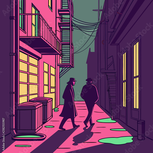 Two people in trench coats walking through a narrow city alley at night with puddles