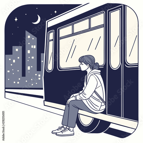 Young woman sitting alone on a train or tram window at night under city lights with illustration
