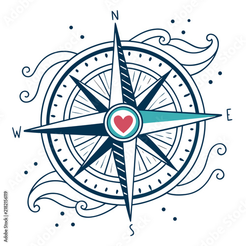 Decorative vintage compass rose design with a red heart in the center navigation direction