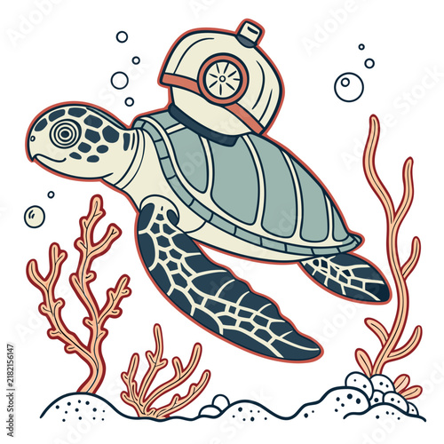 Cute sea turtle wearing a vintage diving helmet underwater with coral reef underwater swimming