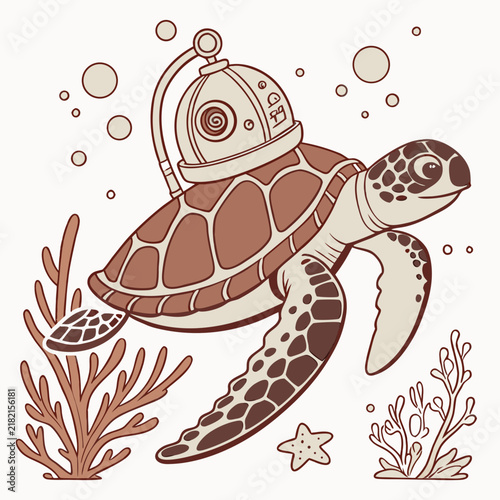 Cute sea turtle wearing a vintage diving helmet underwater with ocean life