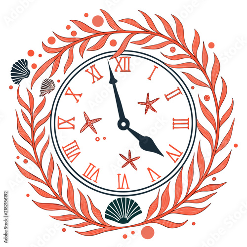 Nautical clock face with roman numerals framed by coral and seashells sea shells coral reef
