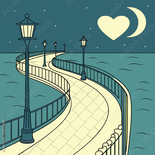 Winding pier at night under a heart shaped moon and starry sky with sea pier