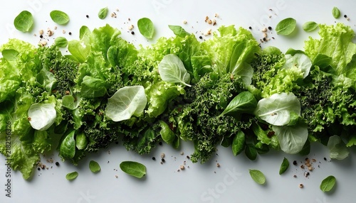 Assorted fresh green leaves, spinach, lettuce, kale and spices on white. Healthy eating, salad ingredients or for use in organic food advertising.
