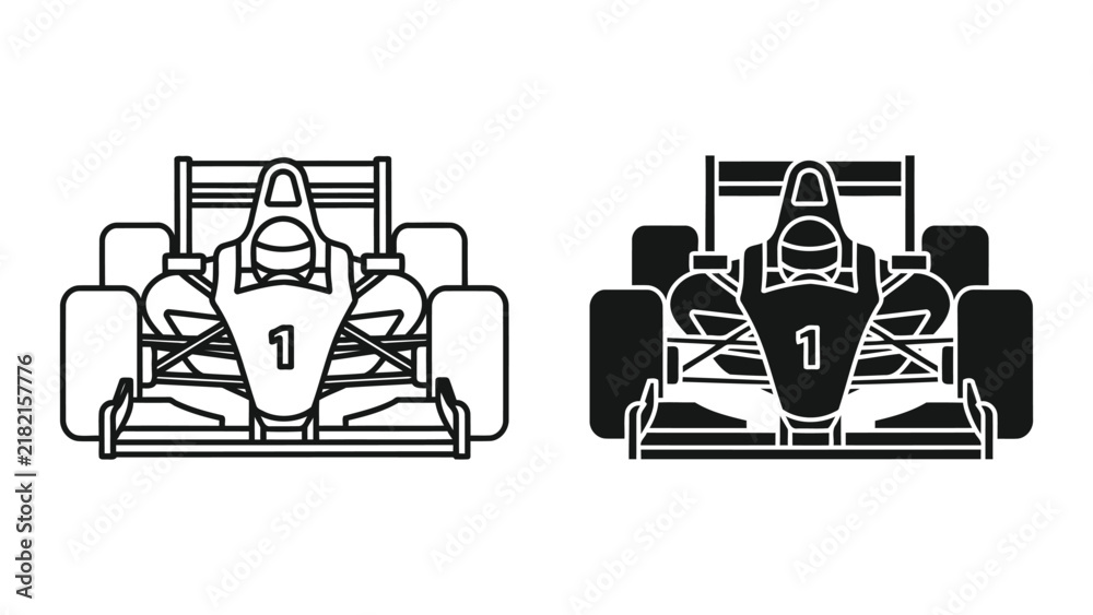 Obraz premium Formula one racing car front view icon in outline and solid black vector illustration