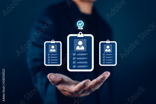 Konstfotografi Business recruitment concept showing candidate profiles with checklists and approval badge, representing hiring, talent selection, employee screening, human resources, recruitment management