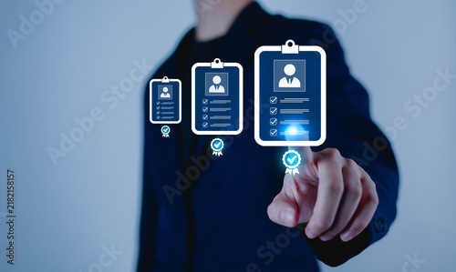 фотографія Business professional selecting qualified candidates through digital profiles, representing recruitment, hiring, talent acquisition, employee screening, and human resources management