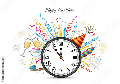A clock strikes midnight surrounded by colorful party decorations, a festive hat, and champagne glasses, symbolizing celebration and joy on New Year's Eve.