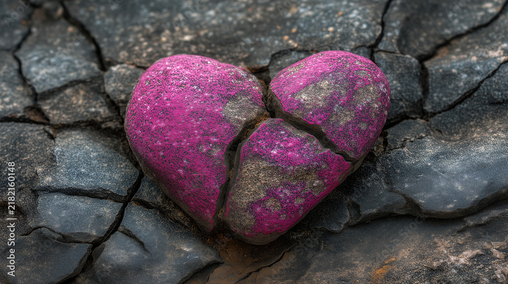 Obraz premium Vibrant pink heart shape on cracked dark ground, symbol of heartbreak and emotional pain