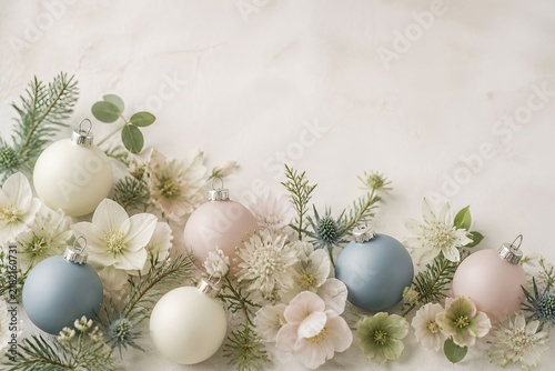 Pastel Christmas ornaments arranged with white flowers, evergreen branches, berries, and pinecones as a delicate winter botanical border.