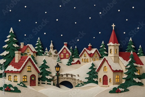 Layered paper-cut Christmas village at night with colorful houses, a church, snowy roofs, evergreen trees, and glowing street lamps.
