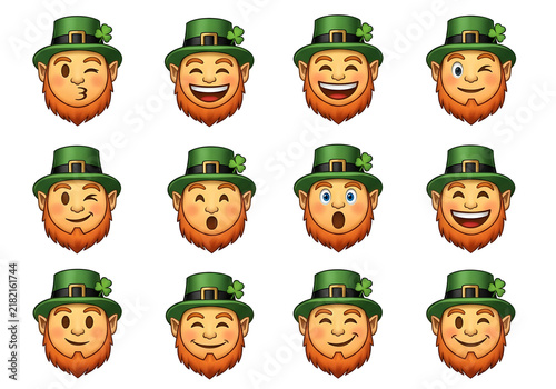 Colorful collection of cheerful leprechaun caricatures showcasing different expressions and moods, ideal for St. Patrick's Day promotions, greeting cards, and festive designs.