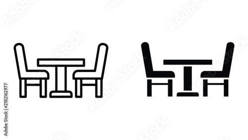 Dining table with two chairs vector icon set in minimal outline and solid black styles