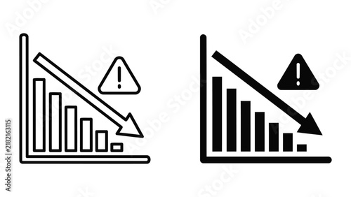 Canvas Print Financial bar chart showing downward trend with warning sign vector illustration