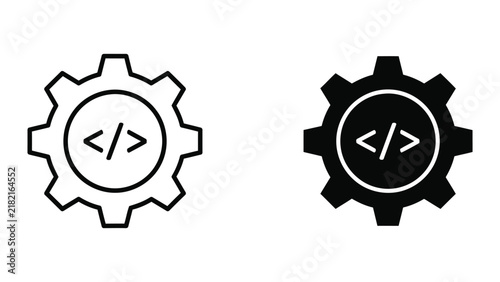 Software development gear cog with brackets code syntax vector icon in two styles