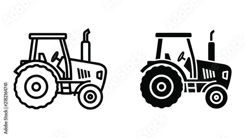 Farm tractor agricultural vehicle silhouette and outline style vector icon collection