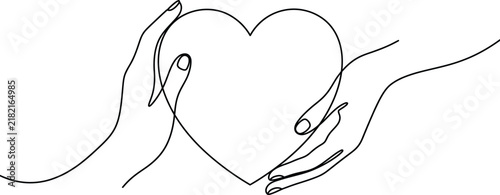 Hands holding a heart symbol line art illustration.