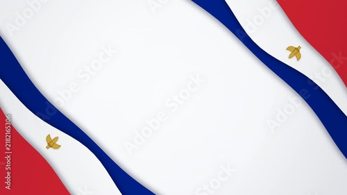 Patriotic abstract background inspired by the France flag: flowing ribbon paper cut layers in blue, white and red with balanced 30 40 30 ribbon volumes and a golden fleur de lis emblem locked onto the