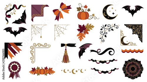 Halloween decorative corner borders and gothic frames, spooky autumn design elements, 25 vector icons for holiday invitations isolated PNG with Transparent Background Halloween  Editable EPS