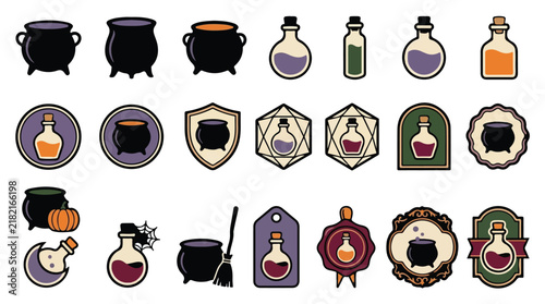 Witchcraft magic potion bottles and cauldrons, 21 mystical alchemy icons, spooky Halloween apothecary vector set isolated PNG with Transparent Background Halloween  Editable EPS