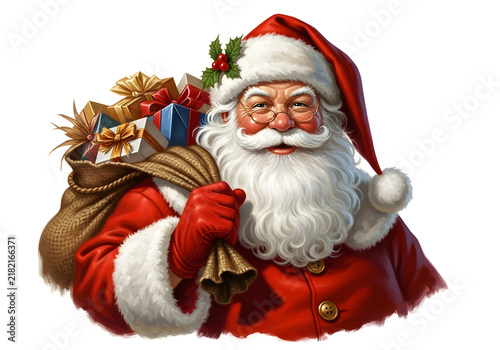 Jolly Santa Claus holding sack of Christmas gifts with festive red suit and white beard in warm holiday scene