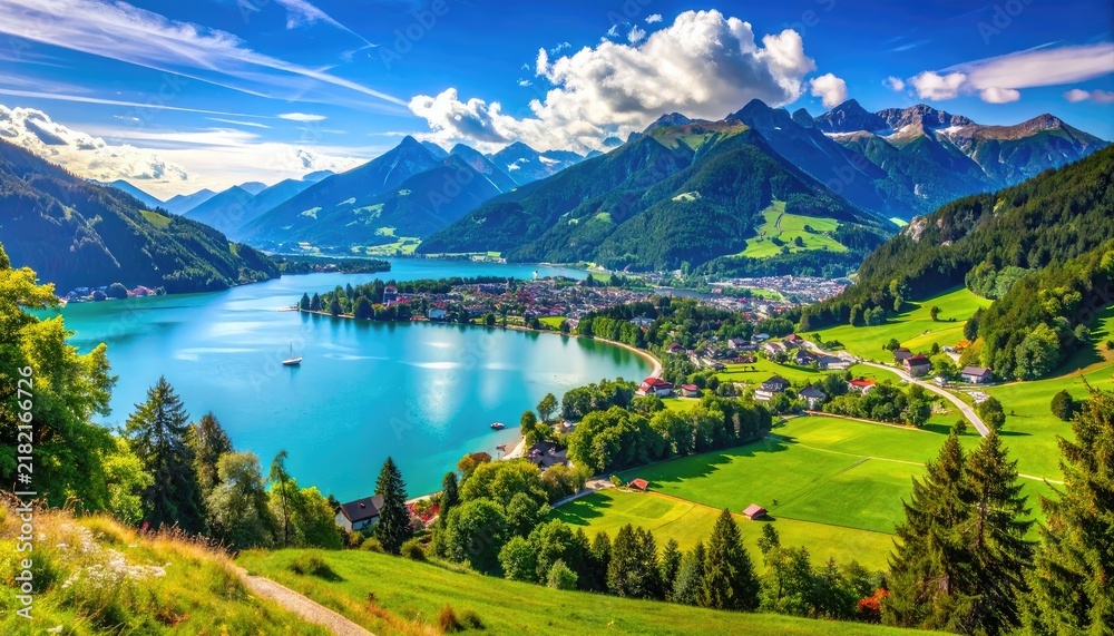 Fototapeta premium A picturesque alpine lake town with verdant green valleys and majestic mountains under a blue sky.