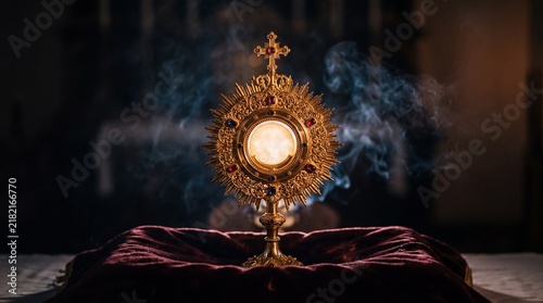 Sacred Monstrance with Host and Incense Smoke in a Church