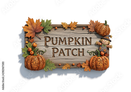 Autumn Pumpkin Patch Sign with Harvest Decorations and Rustic Wooden Background