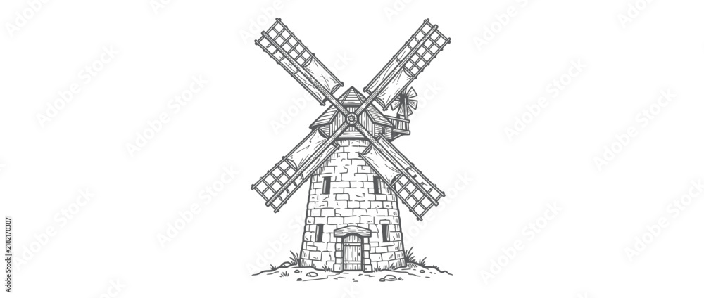 Obraz premium Vintage stone windmill illustration isolated on white