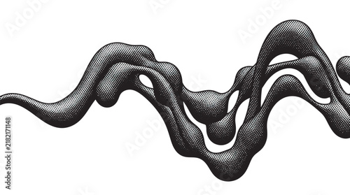 Organic liquid metaball soundwave shape, thick fluid black halftone dot wave with rounded curves, smooth dynamic motion, high contrast monochrome style, white background