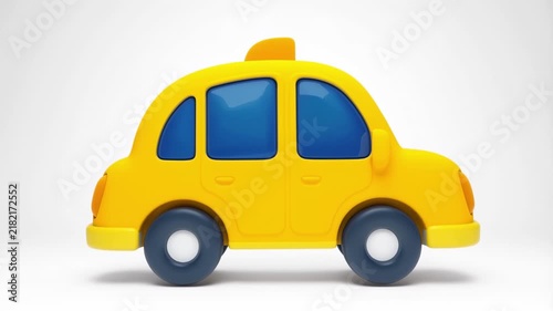 Yellow toy taxi car driving on white background in smooth 3d animation for kids media projects