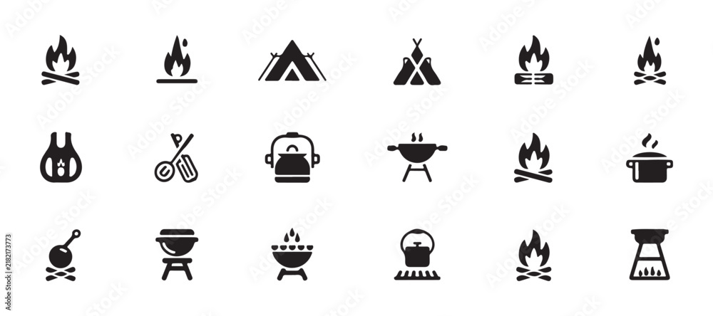 Fototapeta premium Black silhouette camping and outdoor cooking icons set on transparent grid for hiking theme design.