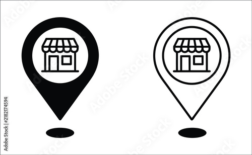 Store location icon set, awning storefront symbols and retail shop markers representing business locations, commerce navigation and modern services